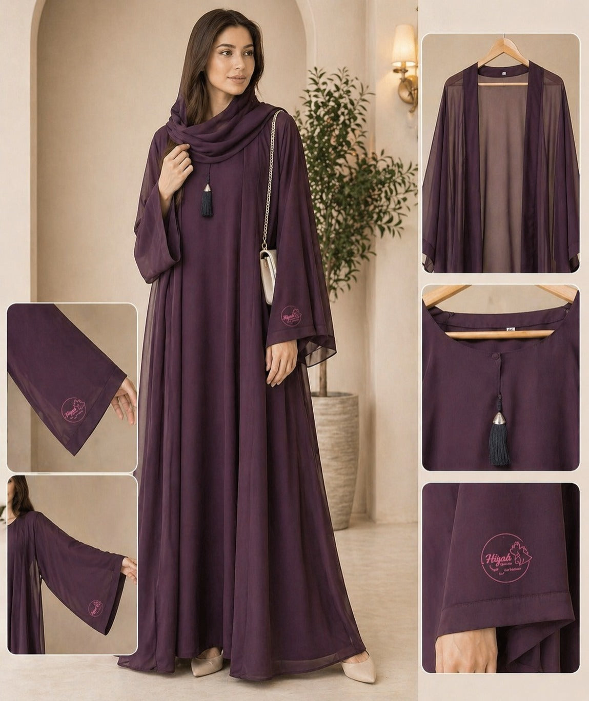 Premium Nida Abaya with Multi Chiffon Gown – Plum Purple | Hijablo